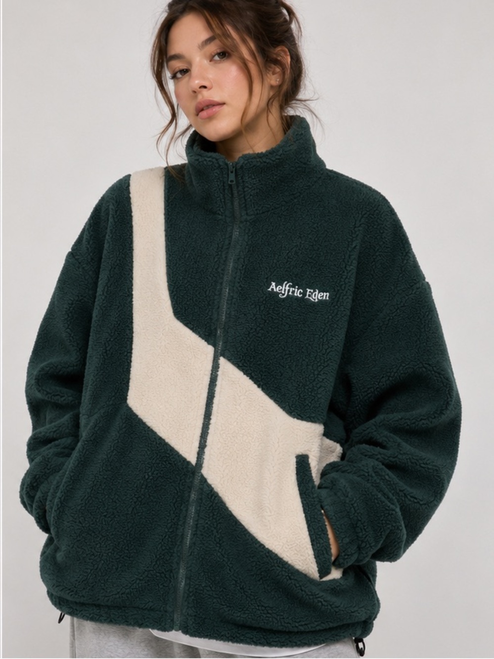 Aelfric Eden Sherpa Fleece Jacket XL Forest Green Cream Block Quilted Unisex
